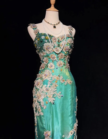 Vintage Prom Dresses Mermaid Sweetheart Green Tulle 70s With Beads Appliqued Formal Gown N2533