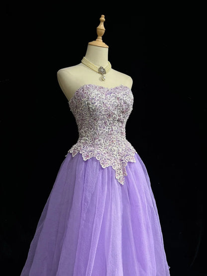 Vintage Ball Gown Sweetheart Lilac Tulle Lace Y2K 2000s Knee Length Homecoming Dresses N3124