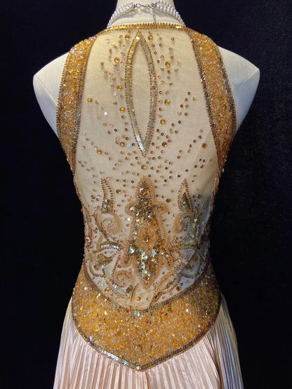 Vintage Prom Dresses 80s A Line Halter Sleeveless Gold With Beading Semi Formal Evening Outfits N3610