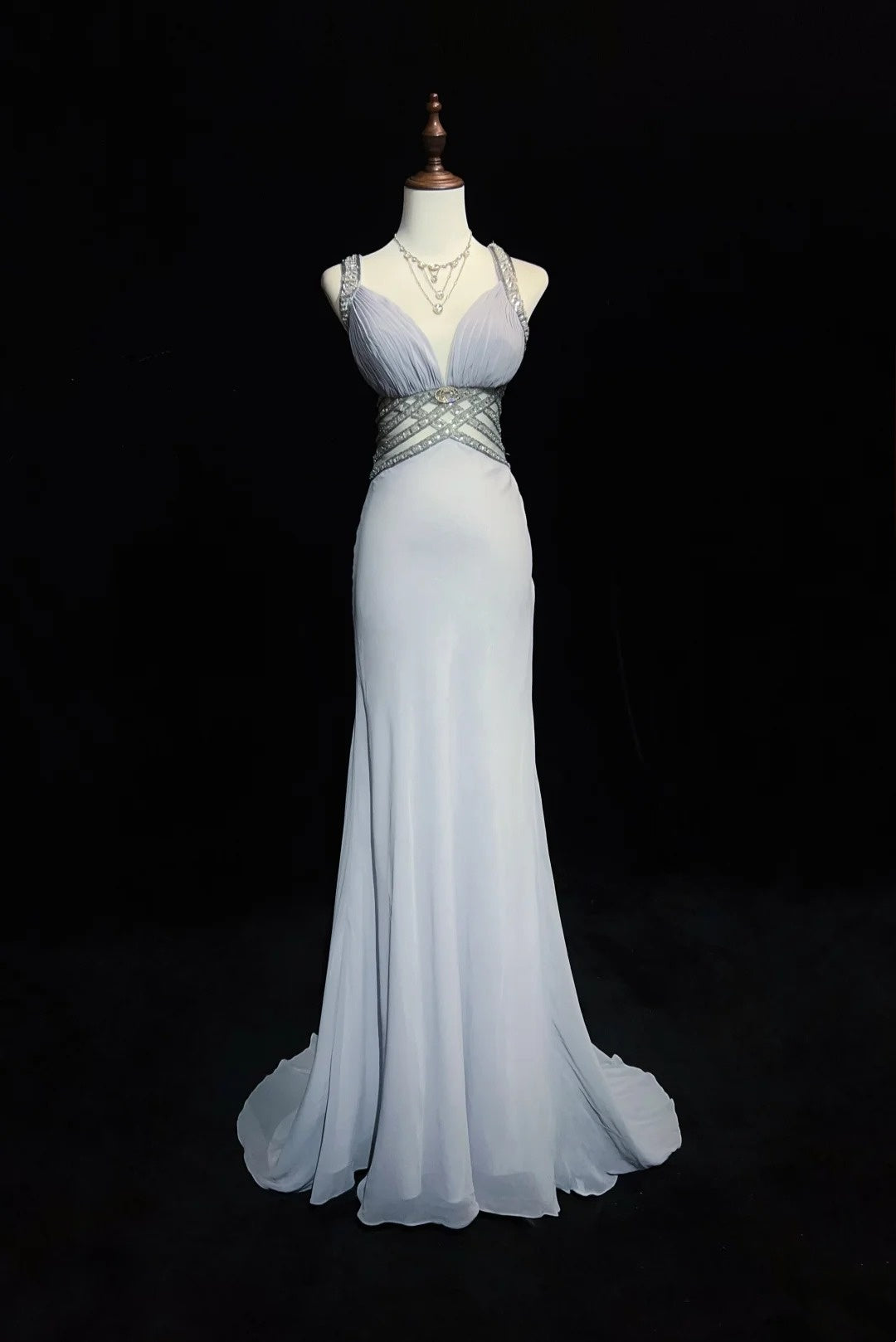 Vintage Prom Dresses Mermaid Sweetheart Gray Chiffon With Beading 1970s Long Formal Gown N2614