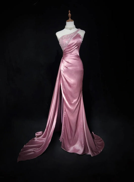 Vintage Prom Dresses Inspo Mermaid One Shoulder Satin With Beads Slit 80s Long Formal Gown N2735