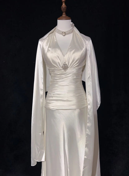 Vintage Prom Dresses A line Halter White Satin With Pleated Cape 1960s Long Formal Gown N2604