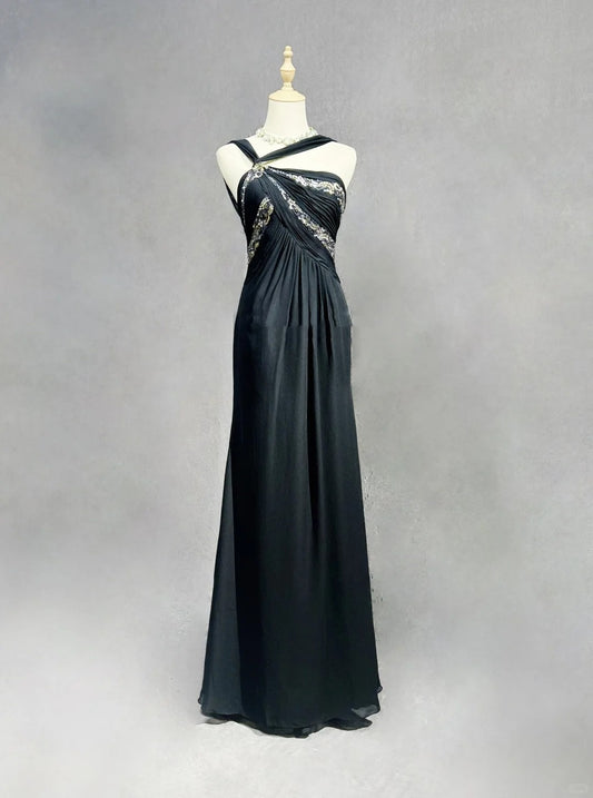 Modest Prom Dresses A Line Halter Black Chiffon Backless Floor Length Formal Evening Outfits N3484