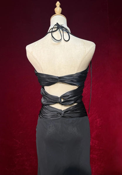 Black Prom Dress Inspo A line Halter Chiffon Satin 18th Birthday Outfits Formal Party Gown RC0114
