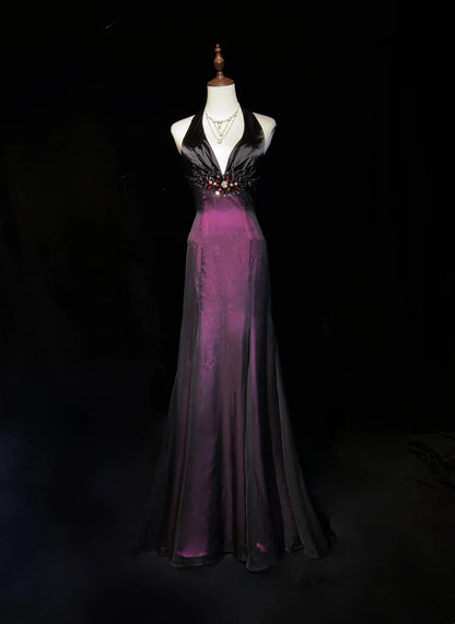 Vintage Prom Dresses Mermaid Halter Black Chiffon Purple Satin 1990s Formal Evening Gown N2654
