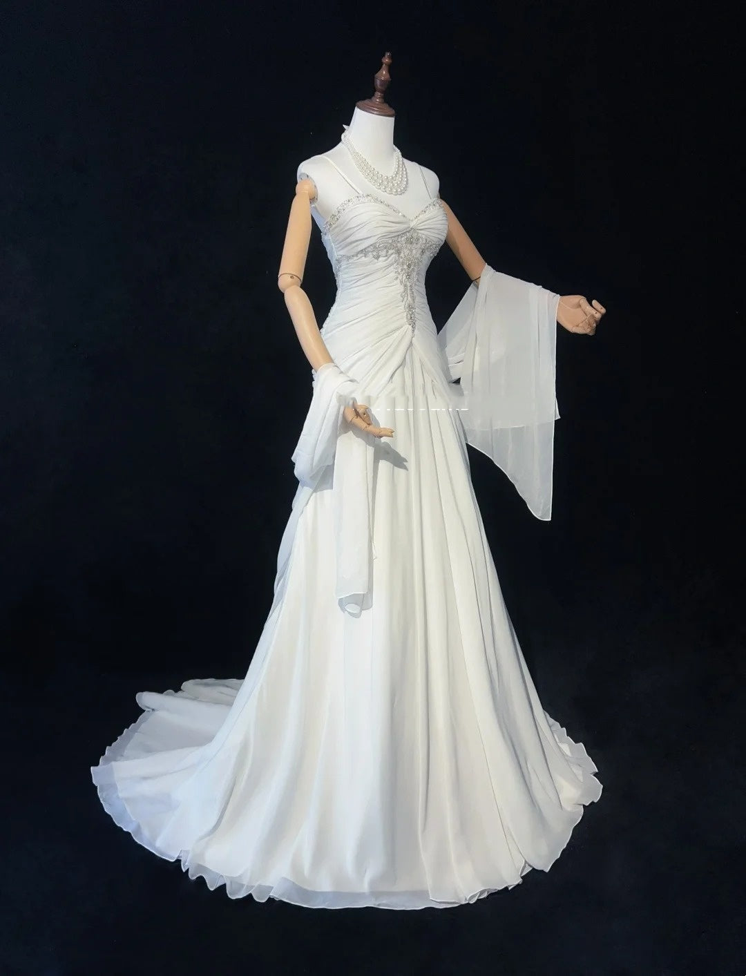 Timeless Wedding Dresses Mermaid Spaghetti Strap White Chiffon With Scarf Long Bridal Gown N3063