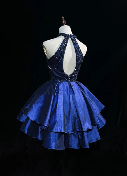 Modest Ball Gown High Neck Navy Blue Satin Sequin Ideas For Women Short Birthday Dresses Mini Homecoming Outfits N3272