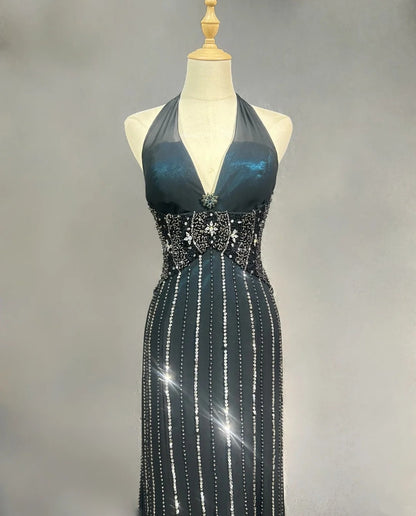 Vintage Prom Dresses 1980s Mermaid Halter Black Chiffon With Beaded Long Prom Gown N3122