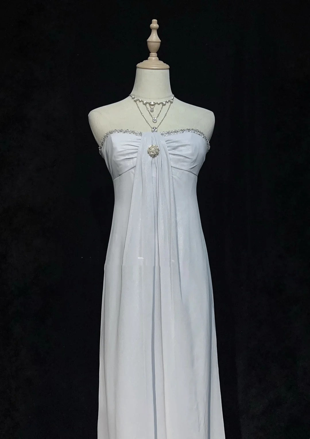 Vintage 90s Prom Dresses A Line Strapless Silver Chiffon Empire Long Prom Gown N3019