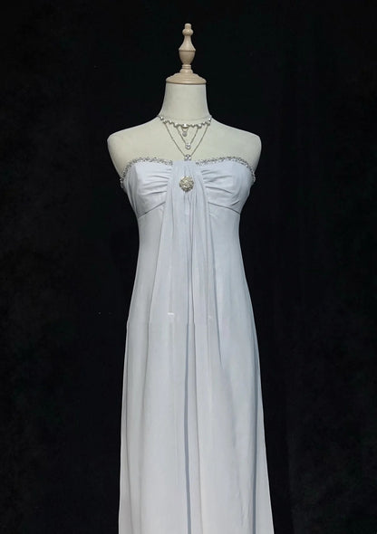 Vintage 90s Prom Dresses A Line Strapless Silver Chiffon Empire Long Prom Gown N3019