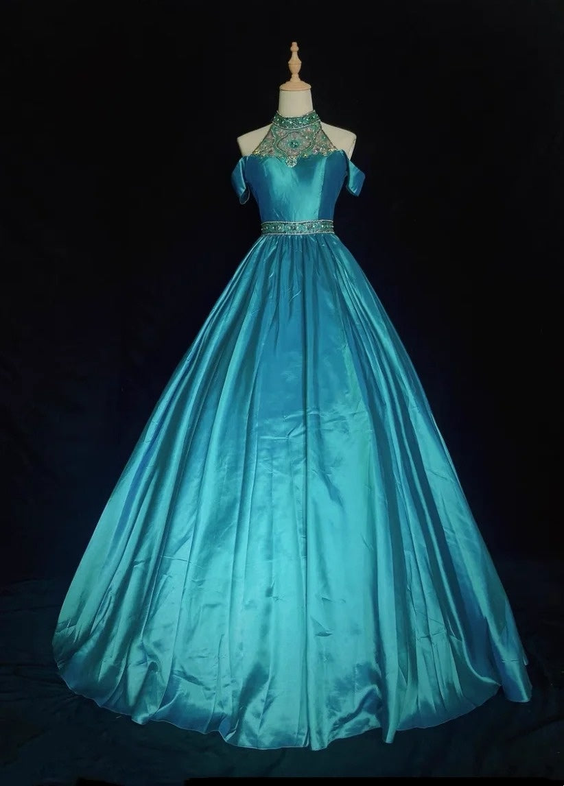 Vintage Prom Dresses Inspo Ball Gown High Neck Blue Satin 1990s With Beading Formal Gowns N3322