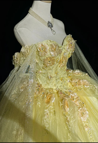 Fairy Quinceanera Dress Ball Gown Off The Shoulder Yellow Flowers Tulle With Lace Quince Dresses RC1136
