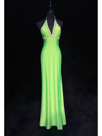 Modest Prom Dresses Mermaid Halter Green Satin Floor Length Formal Evening Outfits N3482