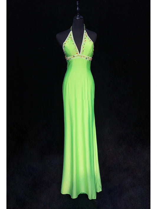 Modest Prom Dresses Mermaid Halter Green Satin Floor Length Formal Evening Outfits N3482