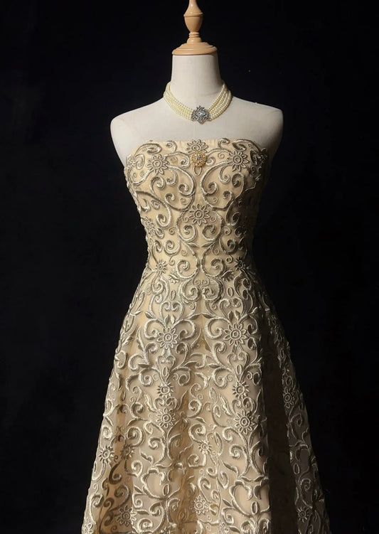 Vintage Prom Dresses A Line Strapless Gold Lace Sleeveless 1990s Long Formal Evening Gown N2639