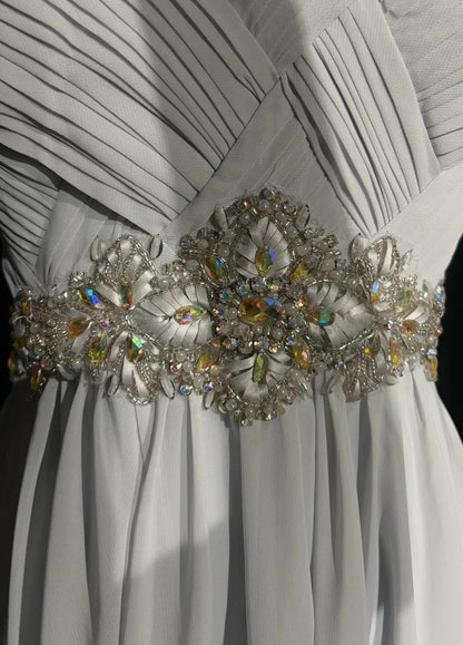 Vintage Prom Dresses A line Strapless Gray Chiffon With Beaded Bodice Sleeveless 1990s Long Formal Evening Gown N2636