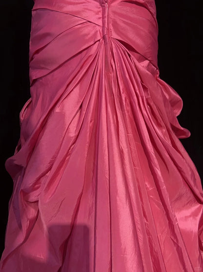 Vintage Prom Dresses Mermaid Strapless Hot Pink Satin With Tiered Layers 90s Long Evening Gown N2915