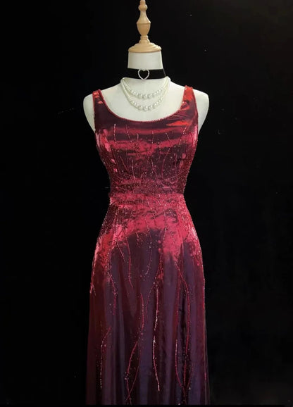 Vintage Prom Dresses A line Square Burgundy With Sparkles Beaded 80s Evening Formal Dress RB3278