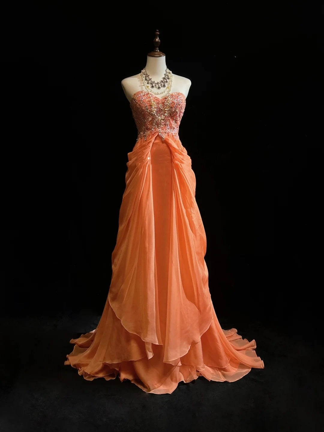 Vintage Prom Dresses A line Sweetheart Orange Ruffled Chiffon 1990s Formal Evening Gown N2666