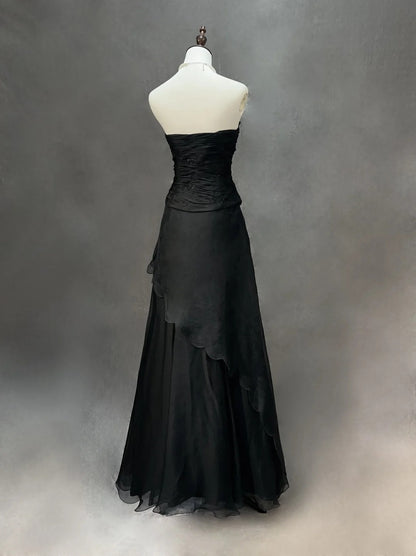 Vintage Prom Dresses A line Strapless Black Tie Dress Sleeveless 1990s Long Formal Evening Gown N2635