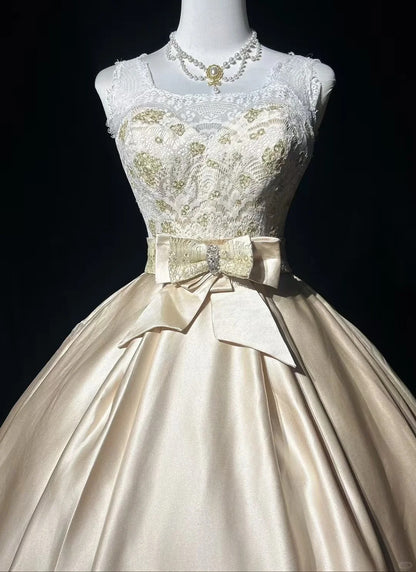 Timeless Wedding Dresses Ball Gown Square Neck Champagne Satin With Beaded Lace Long Brides Gown N3435