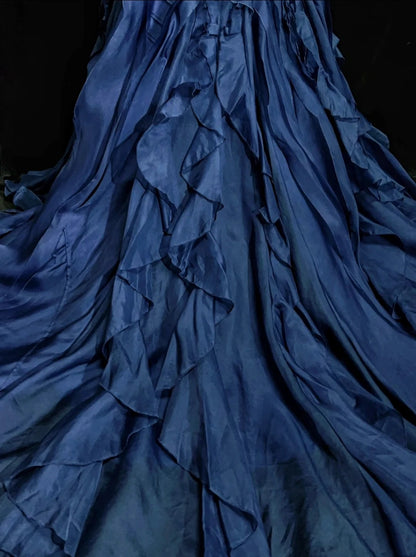 Vintage Prom Dresses Mermaid Sweetheart Navy Blue Satin With Tiered Layers 90s Long Evening Gown N2906