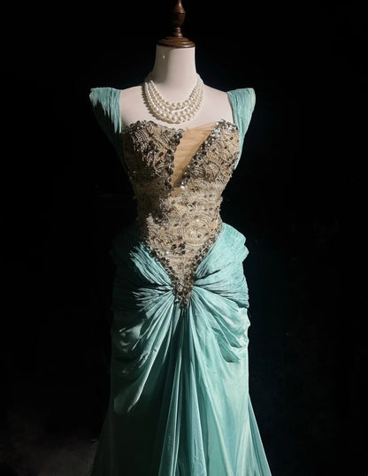 Vintage Prom Dresses Mermaid Strapless With Lace Pleated Beading Long Formal Dress N2462