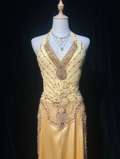 Modest Senior Prom Dresses High Schools Inspiration A Line Halter Yellow Semi Formal Grad Long Prom Dresses For Teens AB2153