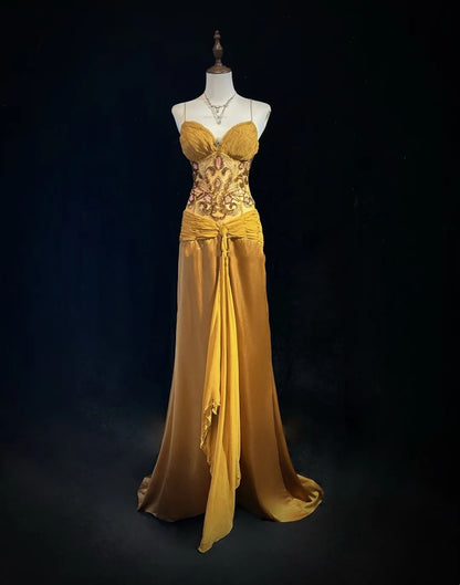 Vintage Prom Dresses Mermaid Spaghetti Strap Gold With Ruffle Beads Chiffon 90s Formal Gown N2588