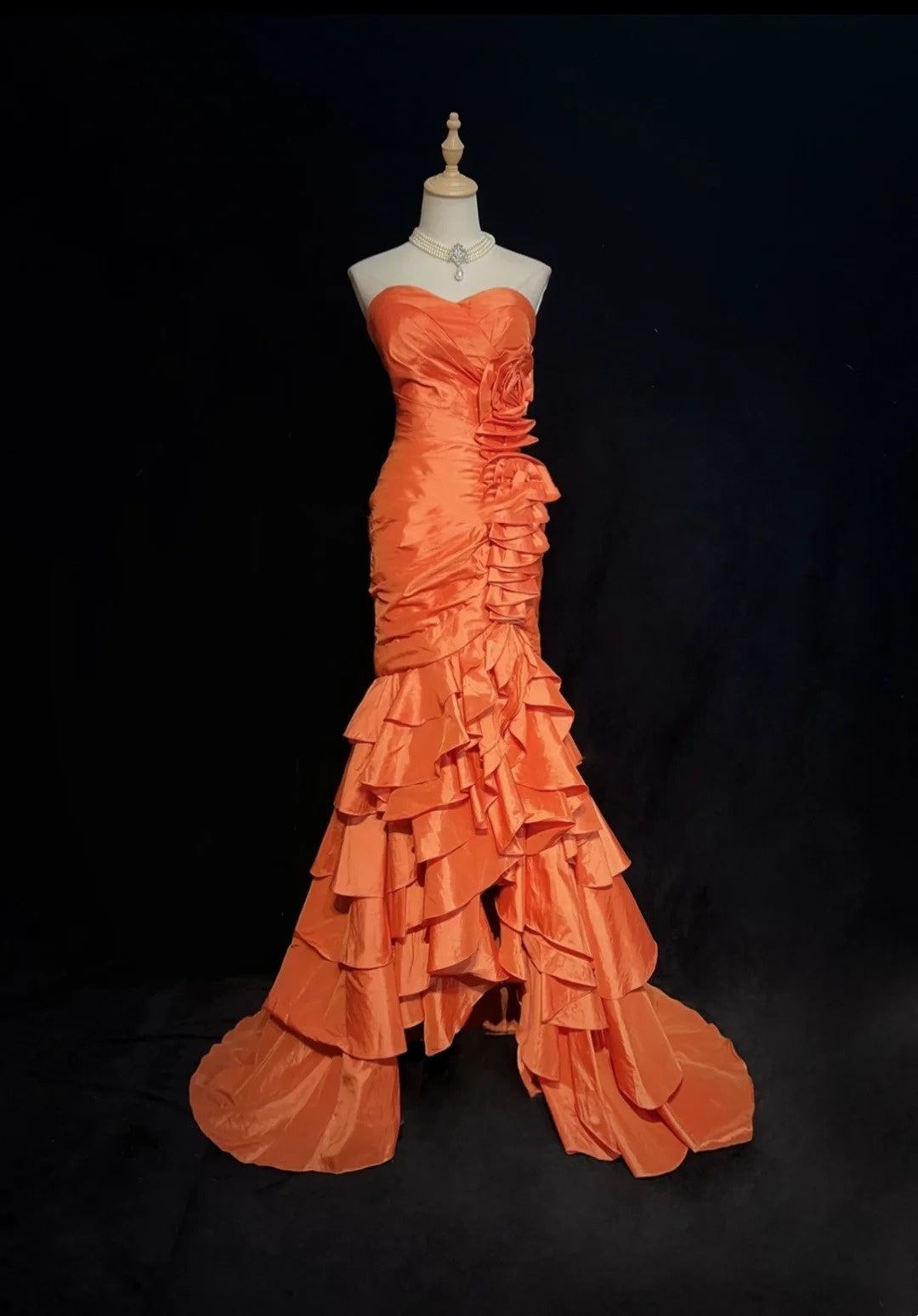 Vintage Prom Dresses Mermaid High Low Sweetheart Orange With Layered Tiered 80s Long Formal Gown N2731