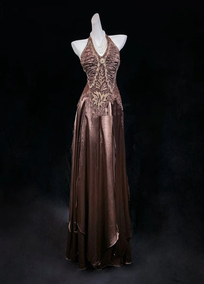 Retro A line Halter Chocolate Long Floor Length Prom Dresses Formal Party Outfits RB3949