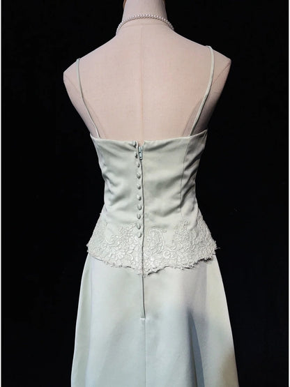 Modest Prom Dresses Inspo A line Halter Light Sage Green Satin With Lace For Women Formal Dress N3225