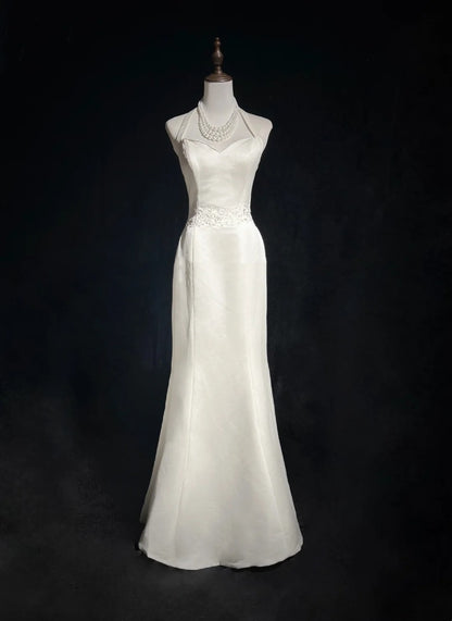 Unique Wedding Dresses Mermaid Halter Satin Boho Embroidery White Long Bridal Gown N3290