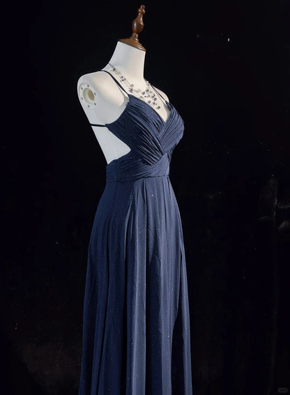 Vintage Prom Dresses 90s A line Spaghetti Strap Navy Blue Sequined Backless Long Evening Outfits N3141
