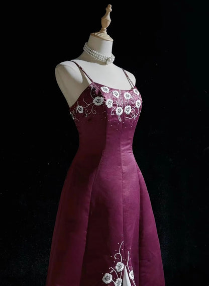 Vintage Prom Dresses Ball Gown Spaghetti Strap Purple Satin With Beading 1950s Long Formal Gown N2593
