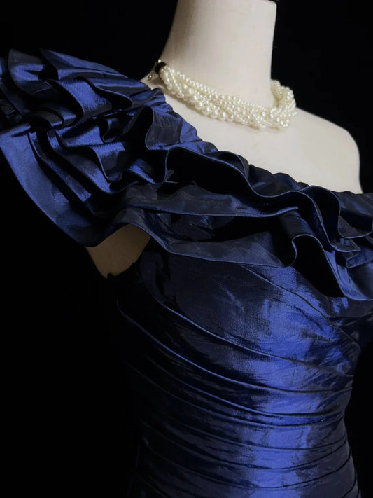 Vintage Prom Dresses 90s Mermaid One Shoulder Navy Blue Satin Long With Folded Evening Outfits N3138