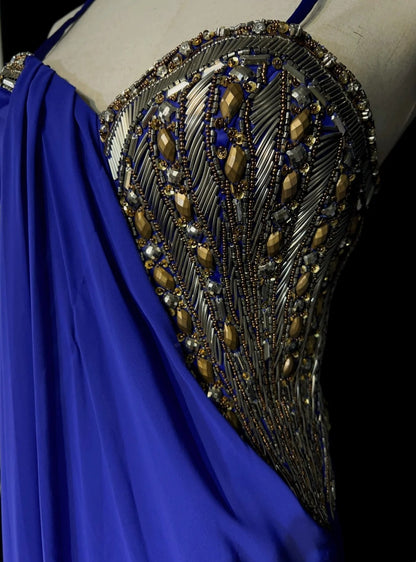 Vintage Prom Dresses Mermaid Spaghetti Strap Royal Blue 70s With Beading Long Formal Party Dress N2516
