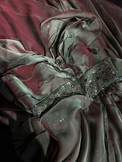 Classy Prom Dresses A line V Neck Green Tiered Layers Chiffon With Ruffle Long Formal Dress N2897