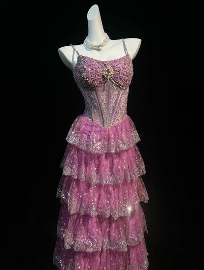 Vintage Prom Dresses A line Spaghetti Strap Pink Lace 80s With Tiered Layers Long Formal Evening Outfits N4207