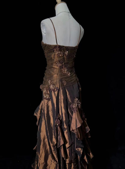 Modest Prom Dresses A line Spaghetti Strap Brown Satin Sleeveless Long Formal Evening Outfits N3639