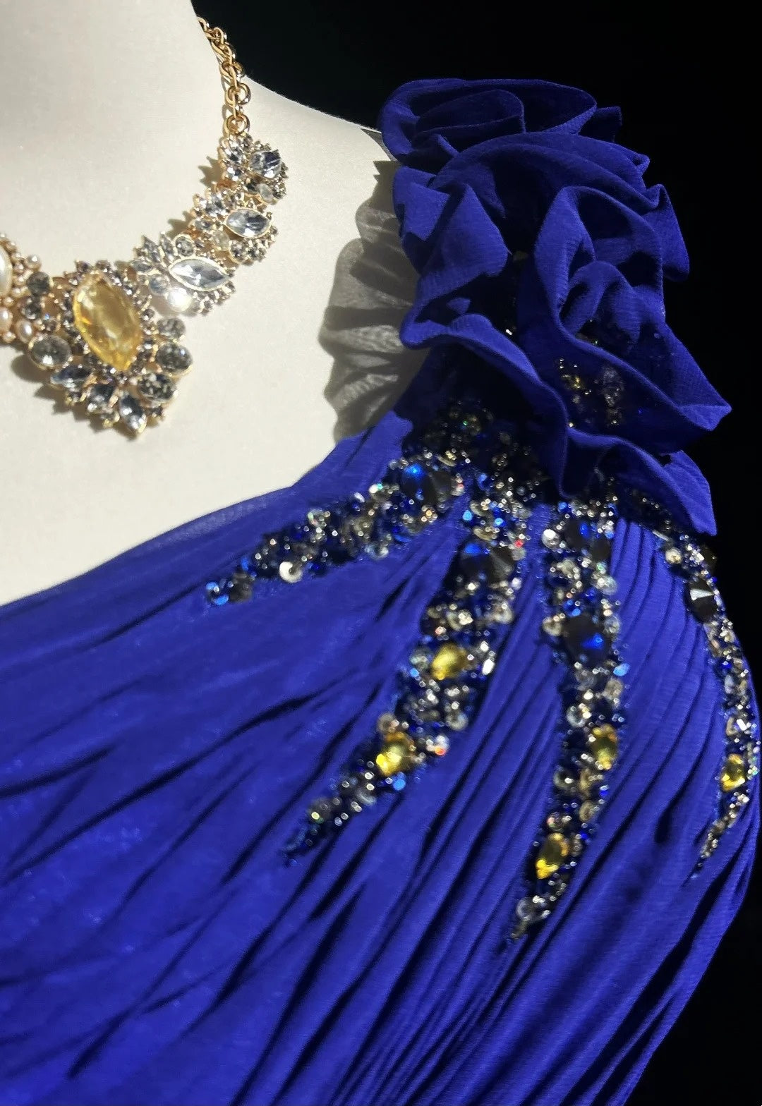 Vintage Prom Dresses Mermaid One Shoulder Royal Blue Chiffon With Beading 3D Flowers Long Formal Dress N2458