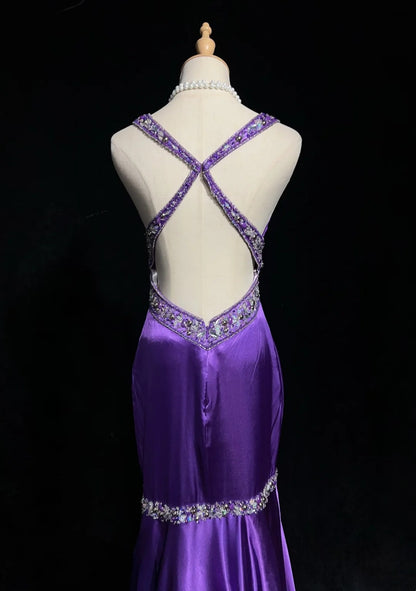Vintage Prom Dresses Mermaid Spaghetti Strap 80s Satin With Beading Backless Long Formal Party Dress N2515