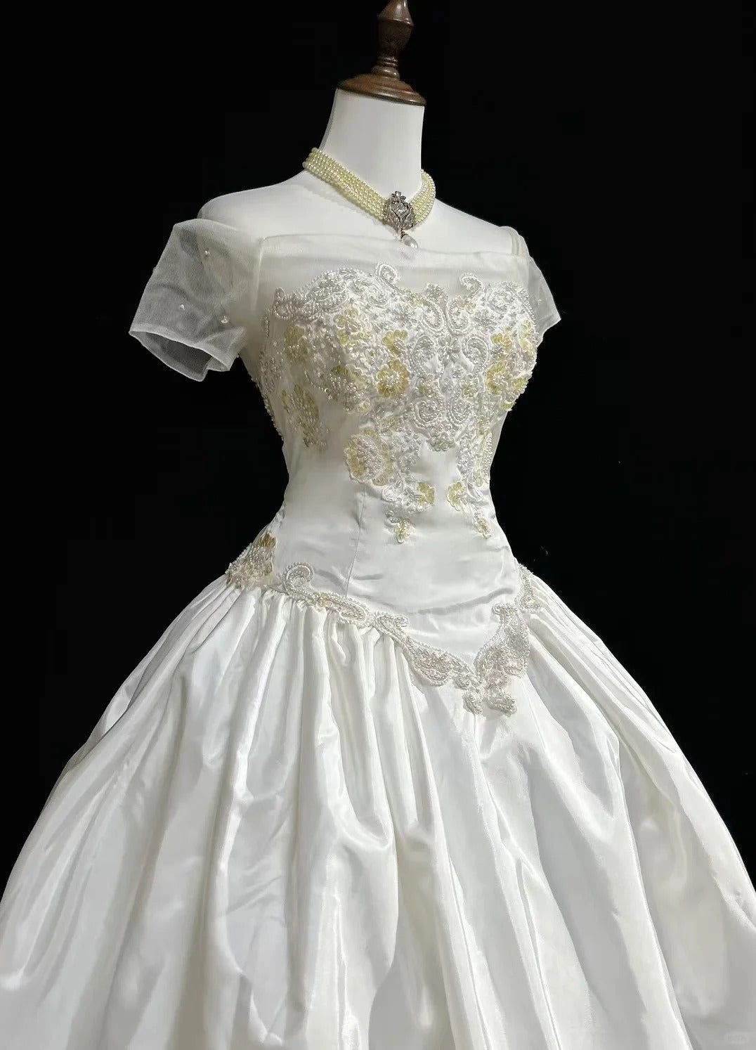 Princess Satin Off Shoulder White With Pearls Sweet 16 Dress Ball Gown Formal Party Sweet Sixteen Dress RC0112