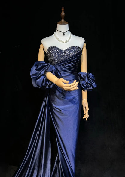 Vintage Prom Dresses Mermaid Sweetheart Navy Blue Satin With Beaded Sleeves 90s Long Formal Evening Gown N2657