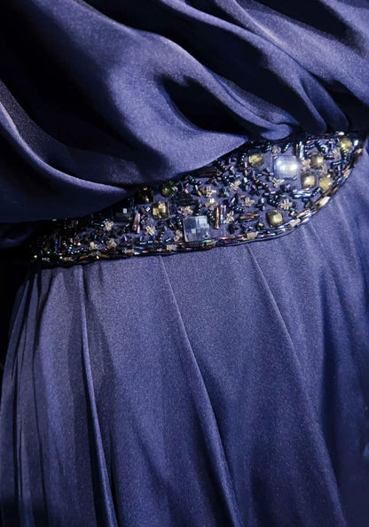 Vintage Prom Dresses Sheath Navy Blue Satin 1990s Long Formal Evening Gown N2663