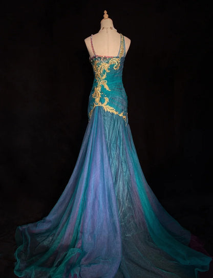 Modest Prom Dresses Mermaid Spaghetti Strap Blue Tulle Sleeveless Long Formal Evening Outfits N3632