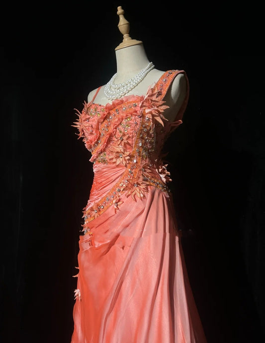 Vintage Prom Dresses 1980s Mermaid Sweetheart Satin Coral Long With Pleated Beading Evening Outfits N3130