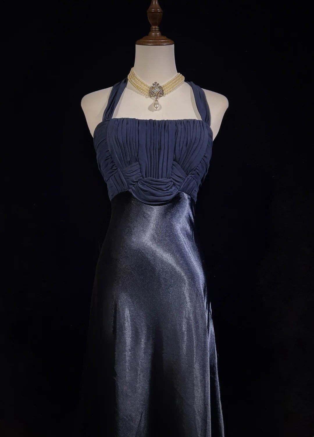 Vintage Prom Dresses Mermaid Halter Navy Blue Chiffon Satin 1990s Formal Evening Gown N2655