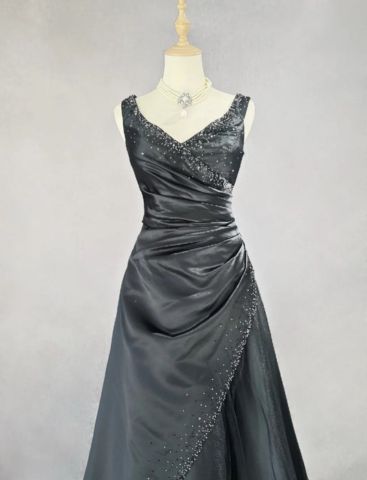 Vintage 90s Prom Dresses Ball Gown V Neck Black With Silver Beading Long Prom Gown N3022