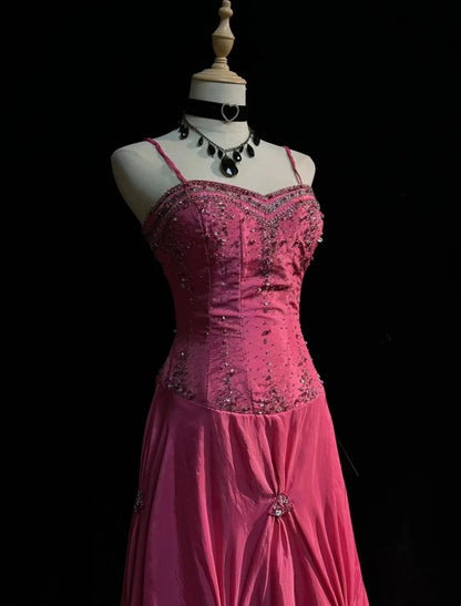 Vintage Prom Dresses A line Spaghetti Strap Taffeta Pink With Silver Beads 1950s Long Formal Gown N2595